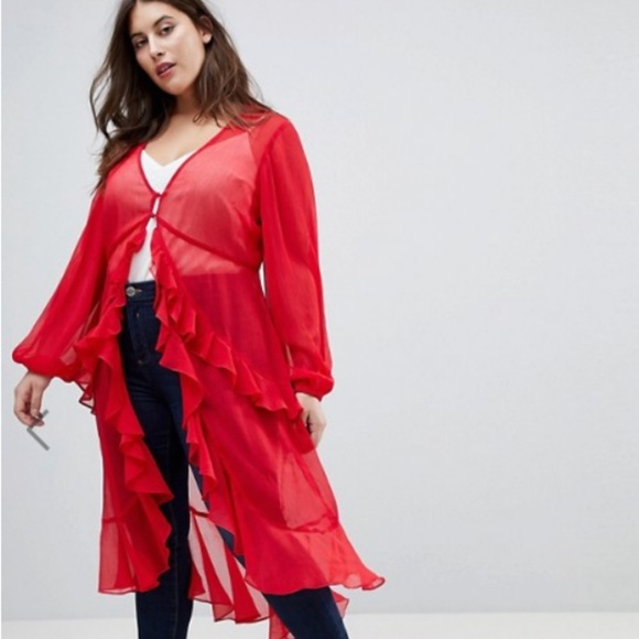 ASOS Curve Tops - ASOS CURVE Ruffle Maxi Tea Blouse in Red Chiffon